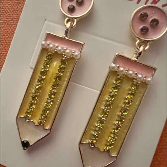 ✏️ Betsey Johnson crystal embellished pencil dangle earrings ✏️ - Picture 2 of 4